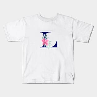 Watercolor Floral Letter L in Navy Kids T-Shirt